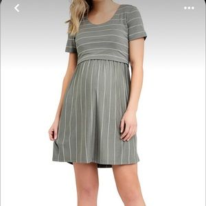Ripe Maternity crop top nursing dress, olive green and white stripe, size large
